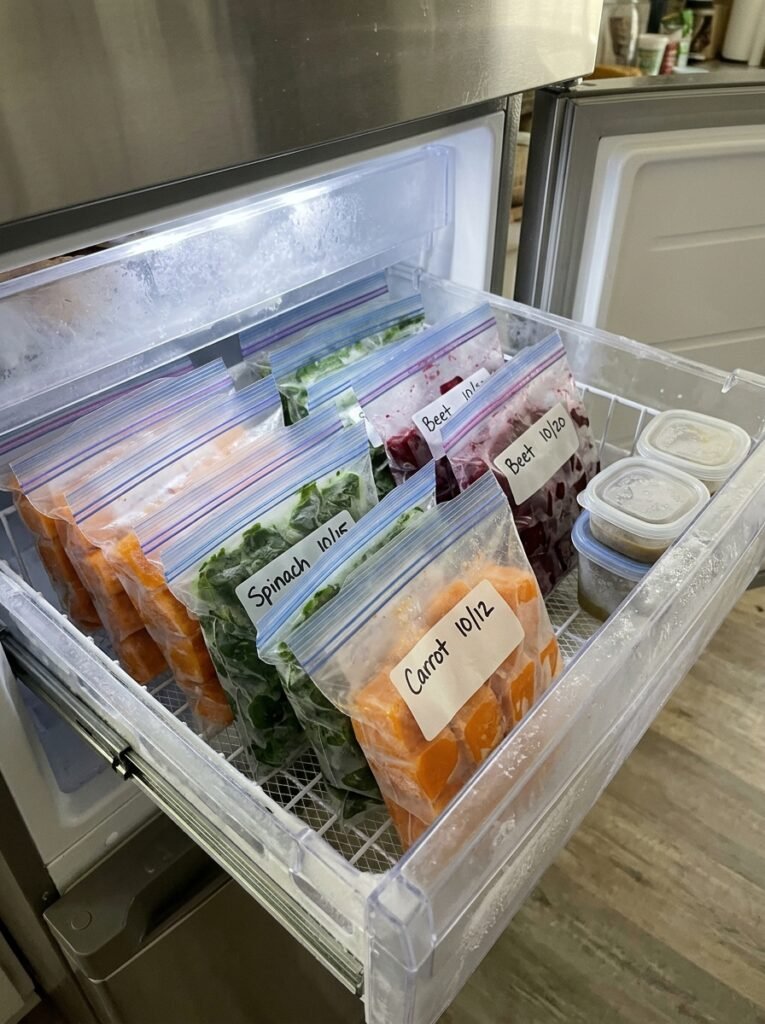 Freezer drawer holding flat bags of frozen puree cubes and small containers with handwritten-style labels