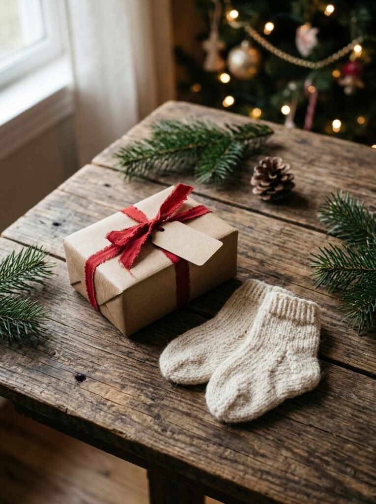Small wrapped gift box with a tag beside a pair of tiny knit baby socks on a wooden table