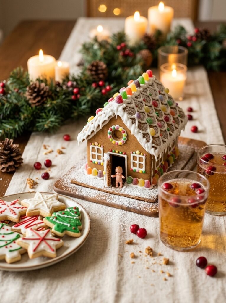 Holiday dessert table with a gingerbread house, iced sugar cookies and two glasses of sparkling cider
