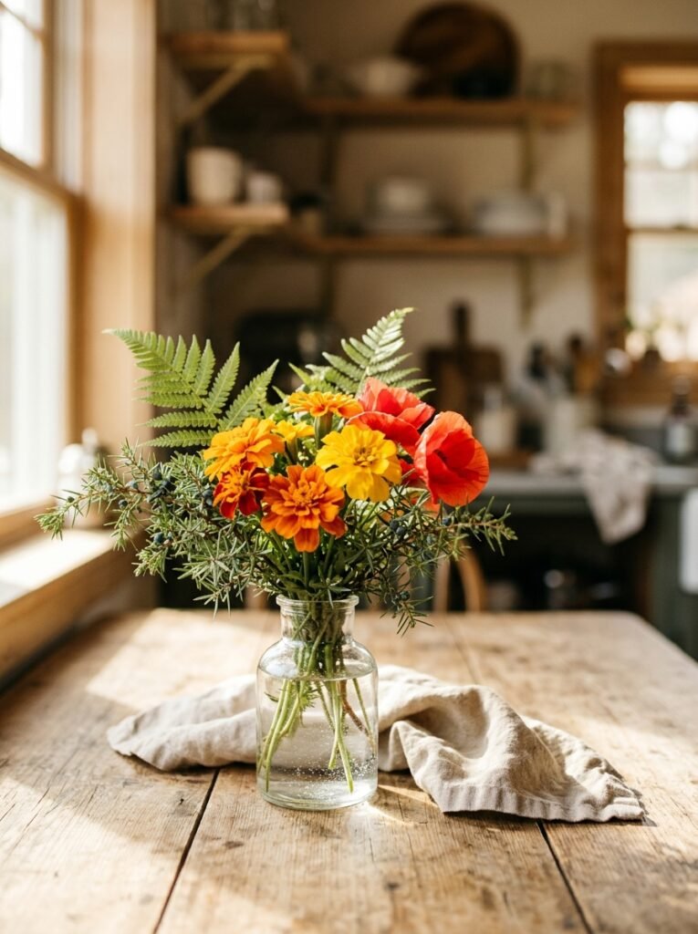 Small glass vase with marigolds, poppies and sprigs of fern on a sunlit wooden table