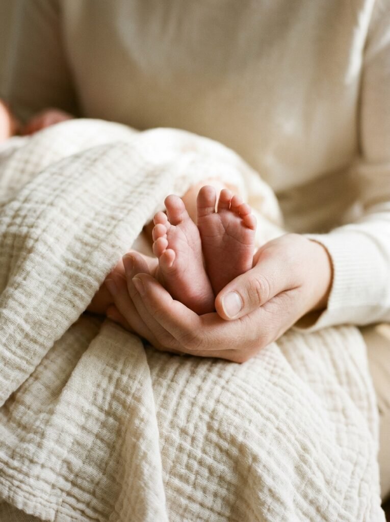 Close-up of a parent’s hand gently holding a newborn’s two bare feet over a cream blanket