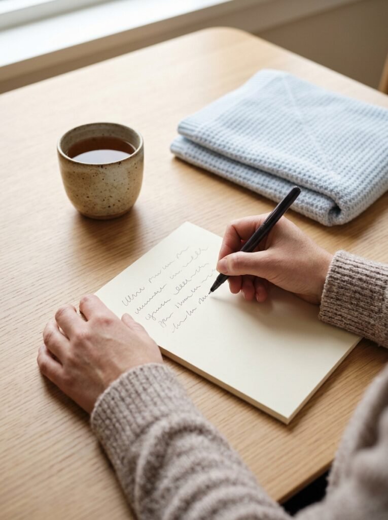 Hands writing a short list on a notepad beside a cup of tea and a folded baby blanket
