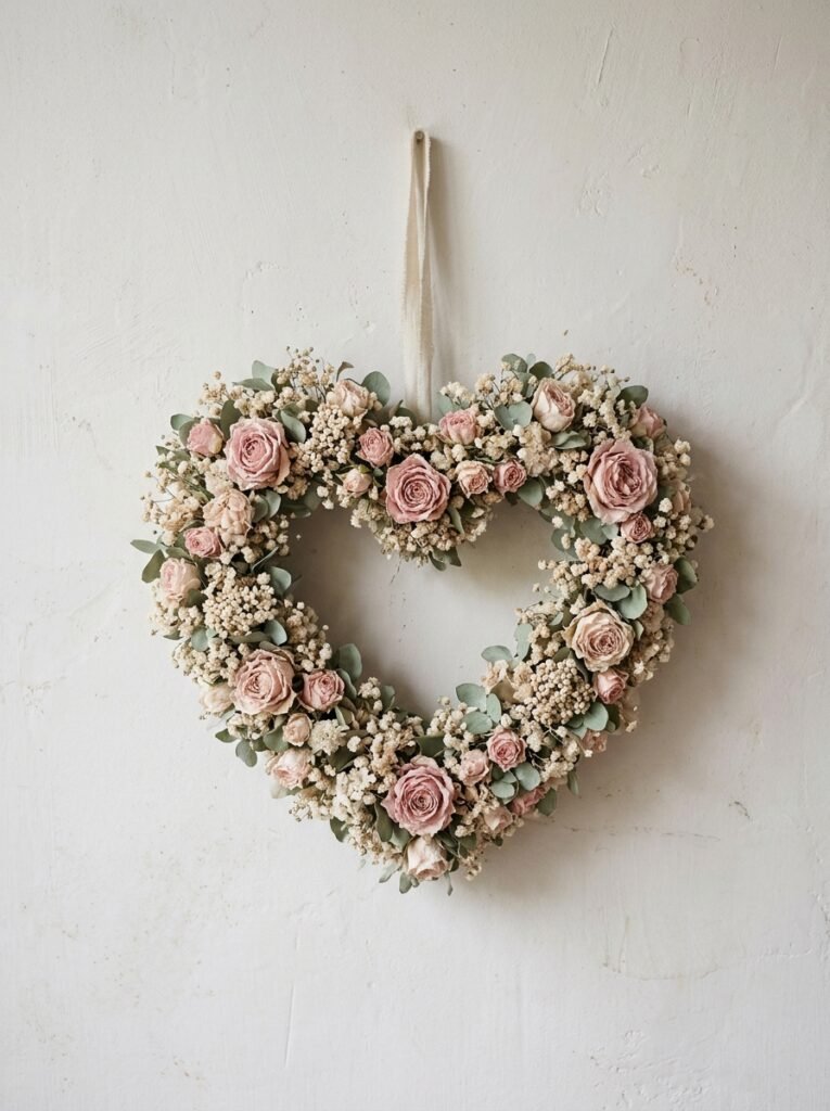 Heart-shaped wreath of dried pink and cream flowers hanging on a light wall