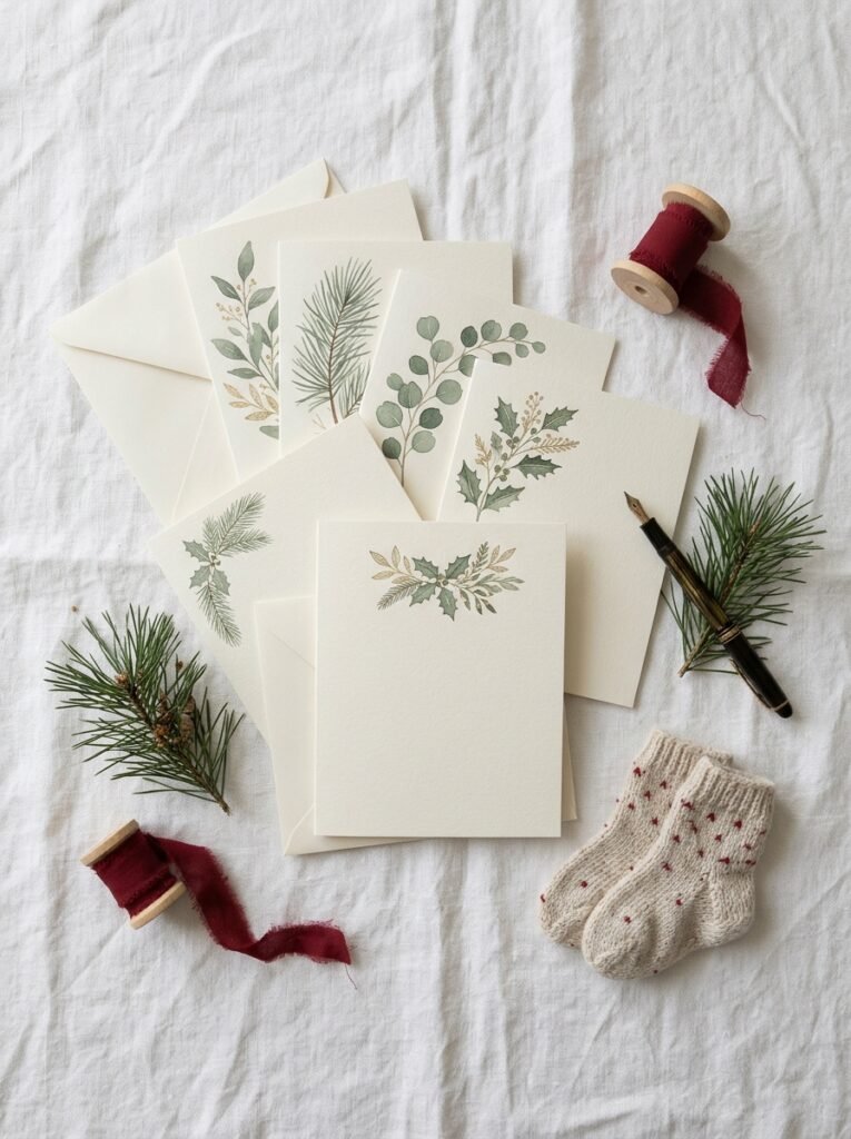  Cream holiday cards and envelopes on a table with a pen, pine sprig and tiny knit baby socks