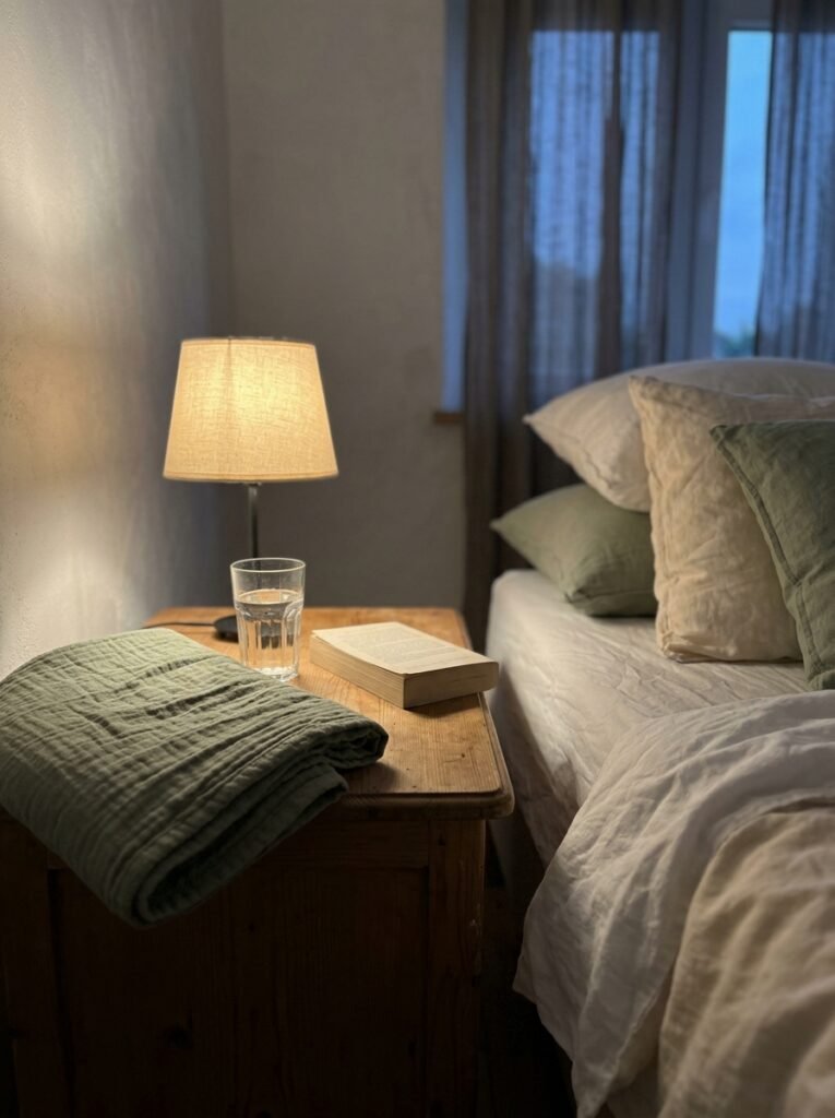 Bedside table with a lamp, a glass of water and a book beside a bed with extra pillows