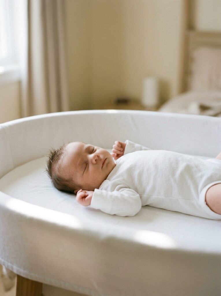 Sleeping newborn on their back in a bare white bassinet lit by soft side window light
