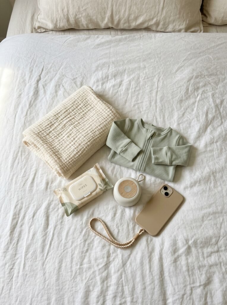 Neutral muslin blanket, wipes, spare outfit and white noise machine arranged on a bed near a sunny window