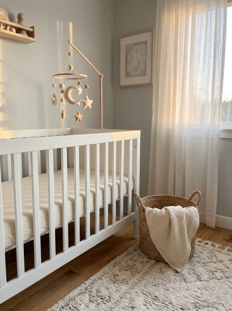Soft cream nursery corner with a crib, a moon and stars mobile and a woven basket in warm evening light