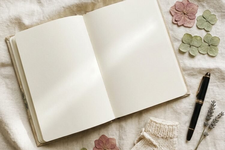 Open notebook with blank pages, pressed flowers, a pen and a tiny knit bootie on a cream linen background