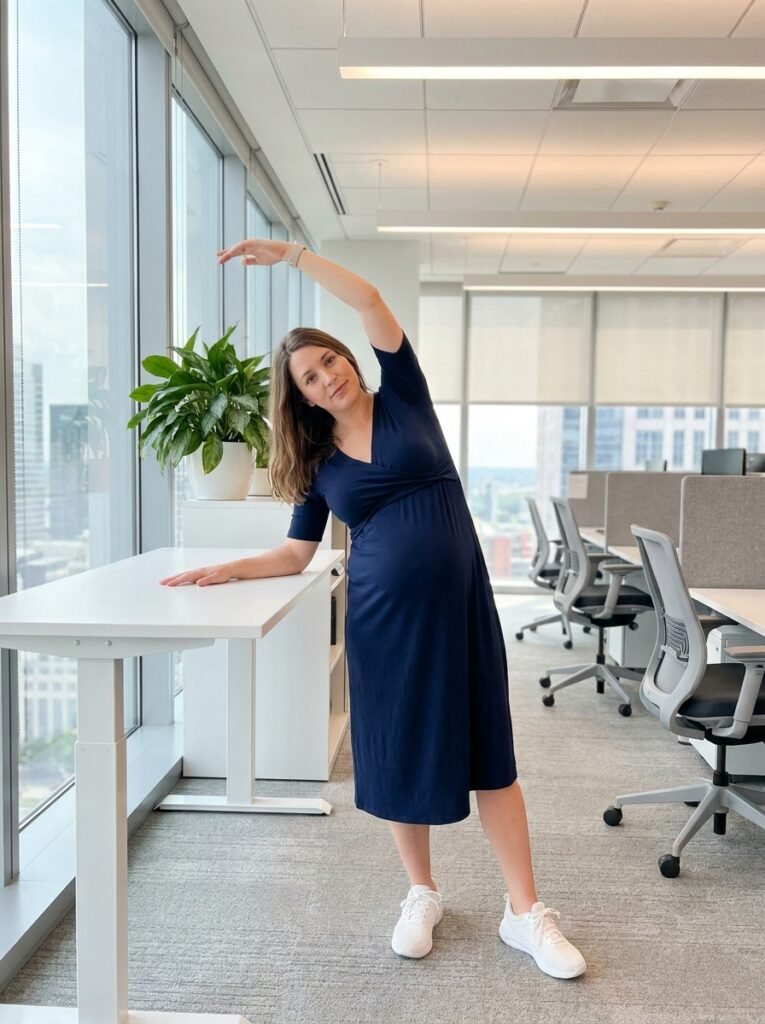Pregnant woman standing beside her office desk doing a gentle side stretch with one arm raised