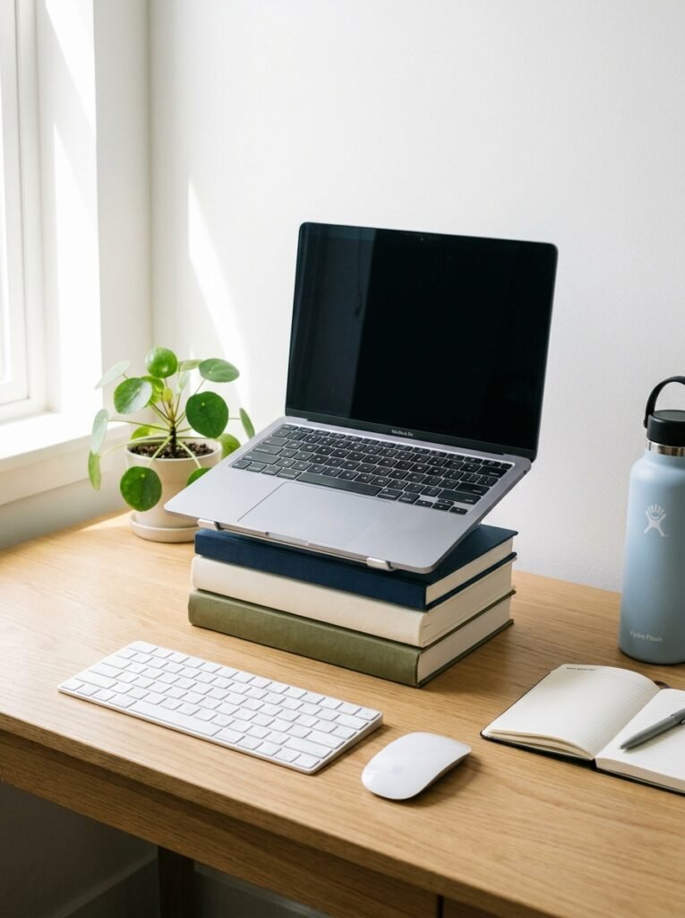 Laptop raised on a stack of books with a separate keyboard and mouse on a home desk
