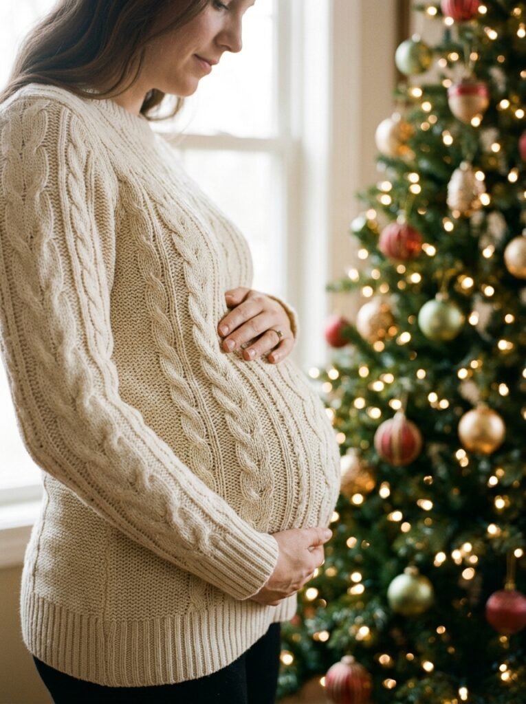 Expecting mother in a cream knit sweater standing sideways by a Christmas tree with her hands resting on her belly