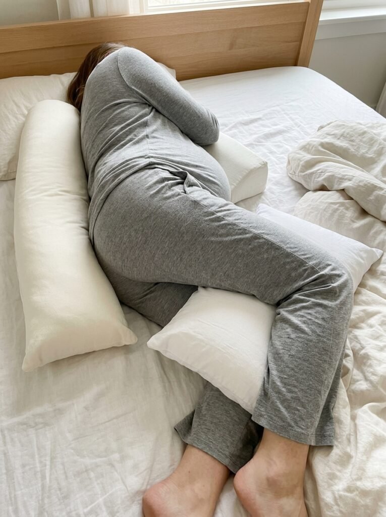 Pregnant woman lying on her side with a pillow between her knees, one under her belly and one behind her back