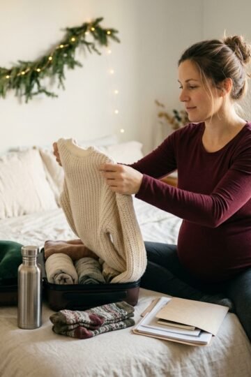 Pregnant woman packing a small suitcase on a bed with a cozy sweater, water bottle and travel pillow beside her