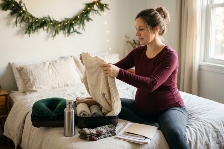 Pregnant woman packing a small suitcase on a bed with a cozy sweater, water bottle and travel pillow beside her