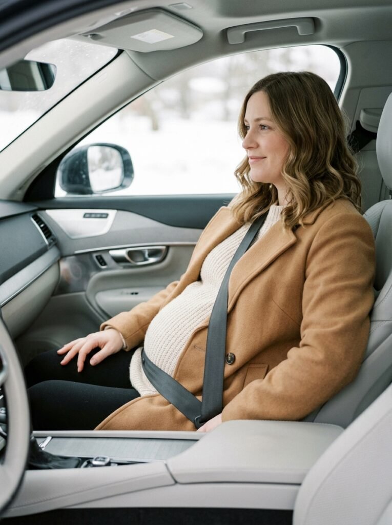 Pregnant woman seated in a car passenger seat with the lap belt below her belly and the shoulder belt across her chest