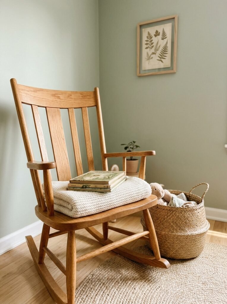 vintage baby names Wooden rocking chair with a folded knit blanket and small stack of books in a bright nursery