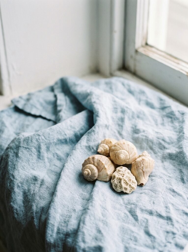  Realistic lifestyle photograph of a few spiral seashells and a small piece of pale coral resting on a rumpled pale blue linen cloth, beside a window with soft coastal light. Shallow depth of field and a blurred white wall behind. Slightly elevated camera angle. Palette of pale blue, sand, cream and soft white. Calm, airy mood. No people, no readable text.