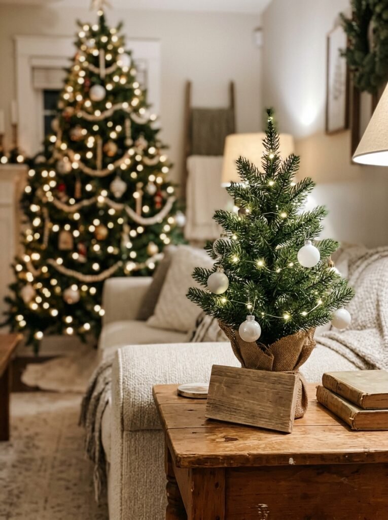 Small tabletop Christmas tree with plain white ornaments next to a large decorated tree in a living room