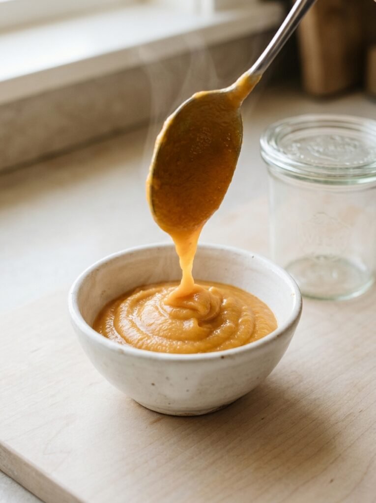 Spoon placing warmed puree into a small white bowl on a kitchen counter