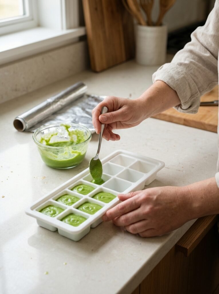 Hands spooning green pea puree into a silicone ice cube tray on a kitchen counter