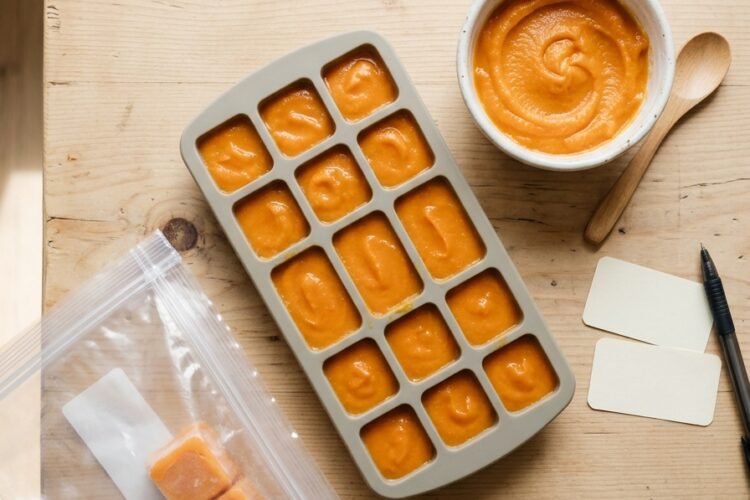 Silicone ice cube tray filled with orange puree beside a small bowl, a spoon and a freezer bag of frozen cubes