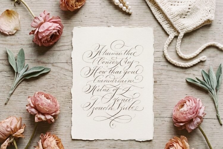 Cream card with handwritten names beside dried pink flowers, a knit bonnet and a pearl hair clip