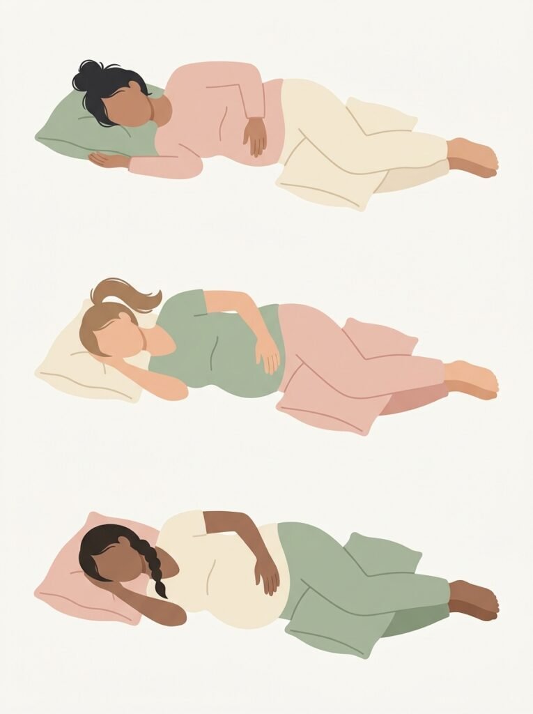 Flat illustration of three women lying on their sides with growing bellies, showing early, middle and late pregnancy