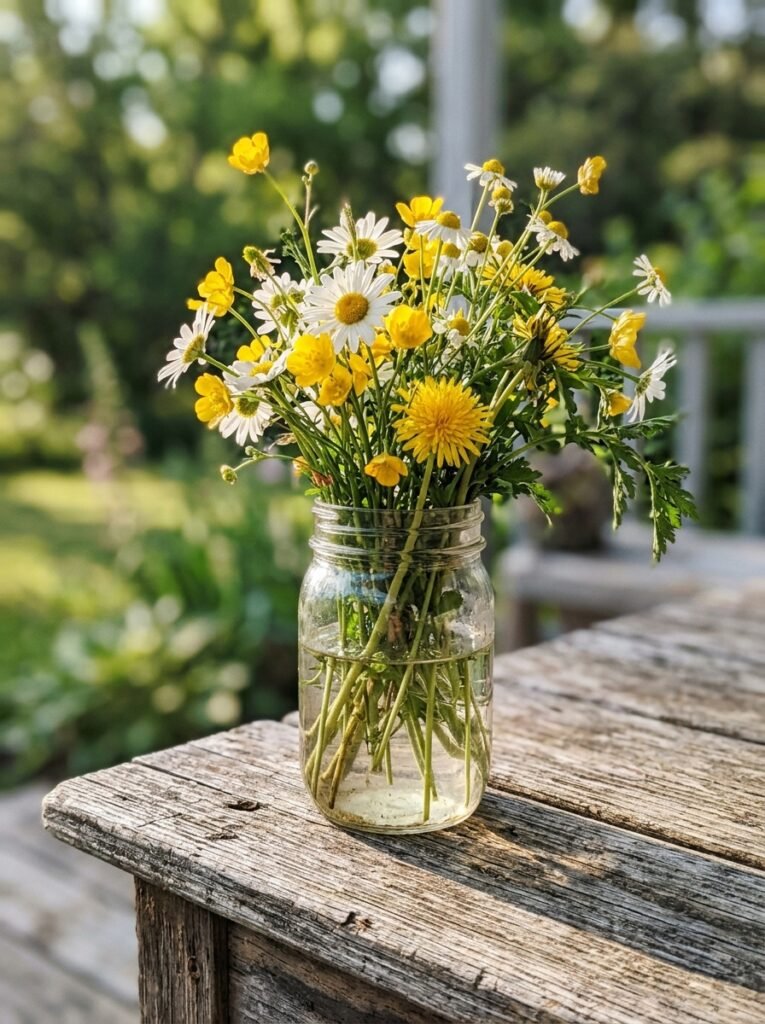 Jar of yellow and white wildflowers on a sunny wooden porch table