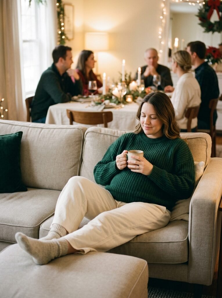 Pregnant woman resting on a sofa with a mug of tea while family gathers at a holiday table in the background