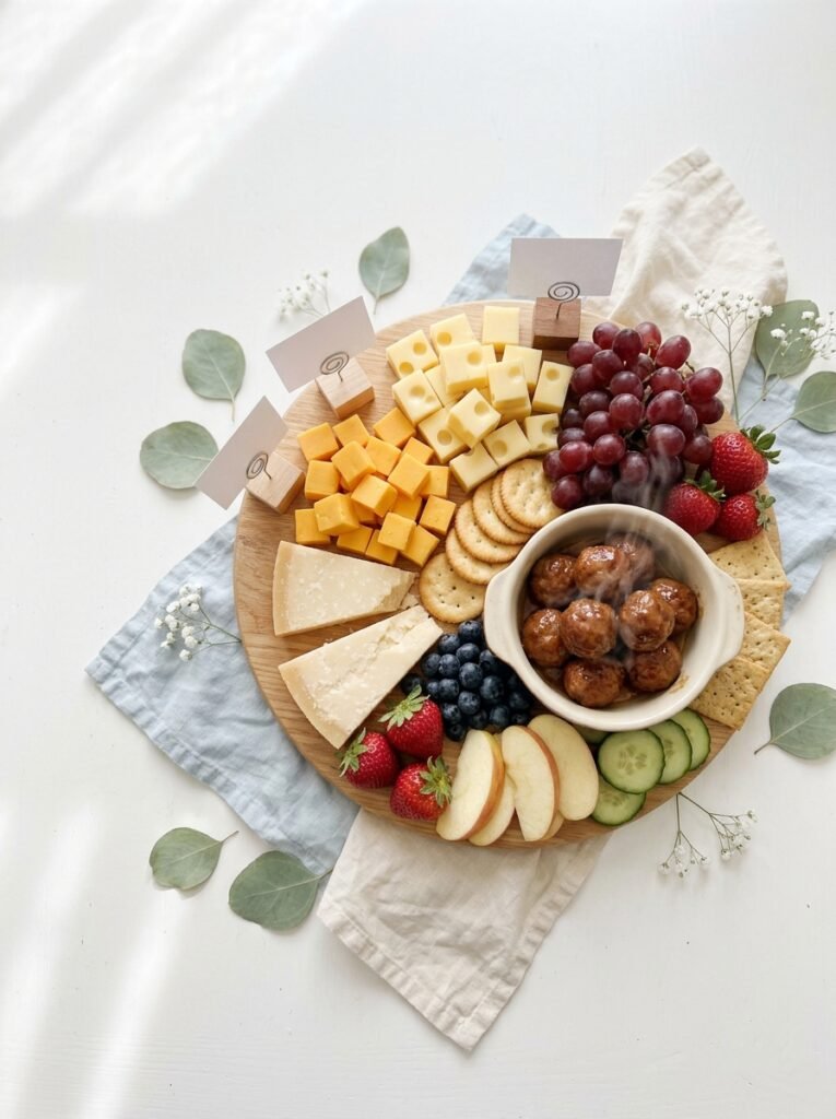 Wooden board with cheddar, Swiss, grapes, berries, crackers and warm meatballs in a small dish pregnancy safe baby shower food