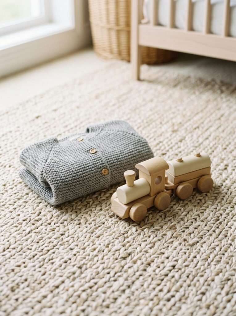 Small wooden toy train beside a folded gray baby cardigan on a woven rug